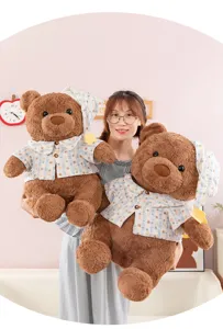 Cute dressed teddy bear plush toy with plaid pajamas, soft stuffed animal doll for kids gift.