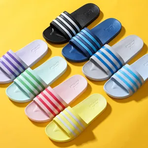 Colorful striped non-slip slide sandals for men and women, comfortable summer home slippers.