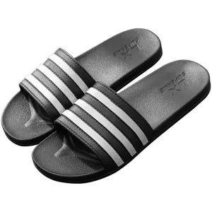 Classic black slide sandals with white stripes for men and women home indoor shower bathroom wear