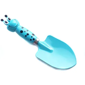 Detailed view of the blue cartoon garden shovel handle with cute bug design and spots.