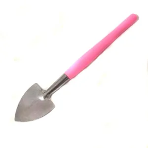 Mini metal gardening trowel with a bright pink plastic handle, ideal for succulent planting.