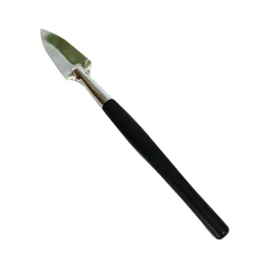Mini garden trowel with a sturdy metal head and ergonomic black handle for succulent plants.