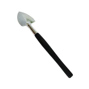 Mini garden trowel detail view, metal head with black handle for succulent plants.