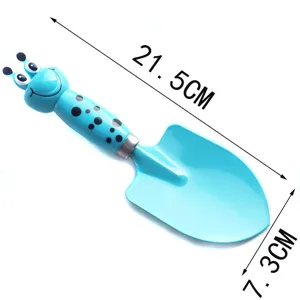Kids cartoon gardening shovel with cute caterpillar handle and blue metal blade for beach sand play.
