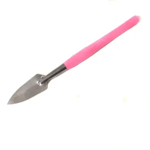 Mini garden trowel with pink handle, perfect detail view for succulent plant potting.