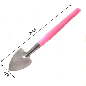 Mini garden shovel with pink plastic handle and metal trowel head, 20cm length for planting.