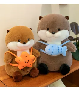 Schattige otter knuffel met vis rugzak, zachte pop als leuk cadeautje voor meisjes.
