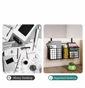 Black metal hanging storage basket for office or dorm desk organization, space-saving design.