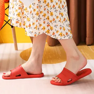 Comfortable red slide sandals detail view showing cutout design and soft non-slip sole.