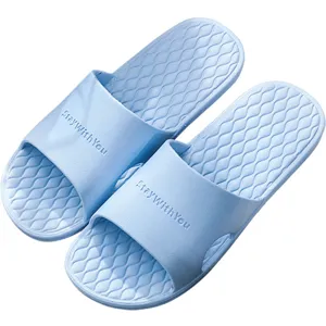 Light blue soft sole bathroom non-slip couple slippers for summer home indoor shower use.