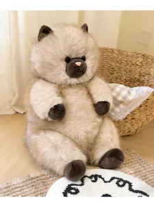Close-up detail of the fluffy long-haired cat plush toy in a cozy home setting design.