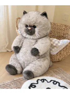 Fluffy cat plush toy detail, showing soft grey fur, cute facial features and sitting pose.