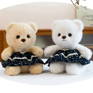 Cute plush teddy bear toy wearing floral princess dress and pearl necklace for girls gift.