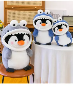 Cute shark penguin plush toy detail scene display, soft stuffed doll for girls room decor and gifts.