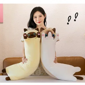 Details of cute cat plush pillow toy, soft stuffed doll for kids and home decor gift.