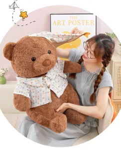 Cute giant teddy bear plush toy with plaid shirt, soft stuffed doll for kids birthday gifts.