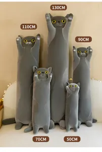 Cute grey cat plush pillow toy, long stuffed animal doll gift in multiple sizes from 50cm to 130cm.