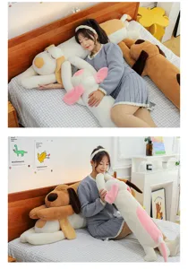 Long plush dog body pillow cute soft stuffed animal toy for bedroom sleeping and relaxing.