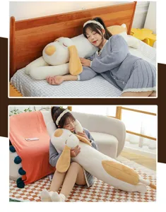 Cute long plush dog body pillow for sleeping, soft stuffed animal toy for bedroom home decor.