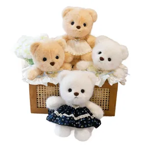 Cute teddy bear plush toys in princess dresses with heart pendants, ideal birthday gifts for girls.