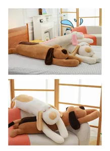 Cute long plush dog body pillow, soft stuffed animal toy for bedroom sleeping, comfortable hugging cushion.