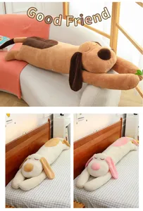 Detailed view of the cute long sleeping dog plush pillow, soft stuffed toy for bedroom bed sofa.