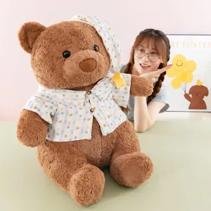 Cute brown teddy bear plush toy wearing sweet pajamas and nightcap soft stuffed animal doll gift