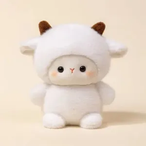 Cute white sheep plush toy detail view, soft stuffed animal doll desktop companion gift.