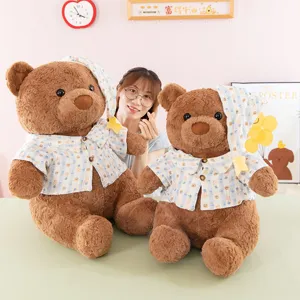 Cute brown teddy bear plush toys wearing blue striped pajamas, soft stuffed doll birthday gift