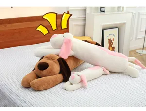 Cute long sleeping dog plush pillow toy, soft stuffed animal doll for bed and room decor.