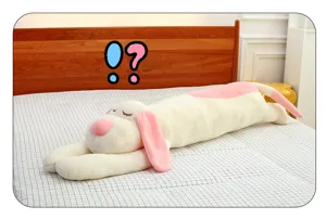 Cute long sleeping dog plush pillow, soft stuffed animal body, cozy bedroom detail view.