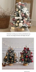 Vista dettagliata di mini alberi di Natale da tavolo con addobbi e luci festive