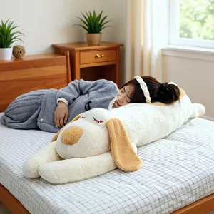 Cute long lying dog plush pillow, large stuffed animal toy for bed sleeping and hugging comfort.