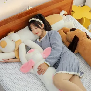 Cute long lying dog plush body pillow soft stuffed animal sleeping toy for bed use