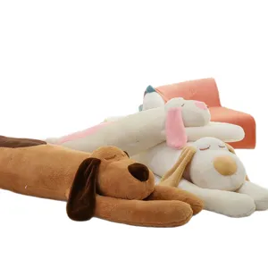 Long sleeping dog plush pillow, cute soft stuffed animal bolster toy for bed and sleeping.