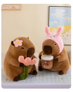 Set de peluche capybara mignon avec fleur et thé boba, douce peluche pour cadeau d'anniversaire.