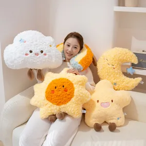 Soft weather plush pillow detail scene featuring cute cloud and star cushions for cozy home decor.