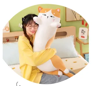 Cute long cat plush pillow toy, soft hugging doll for bedroom bed and sleeping comfort.