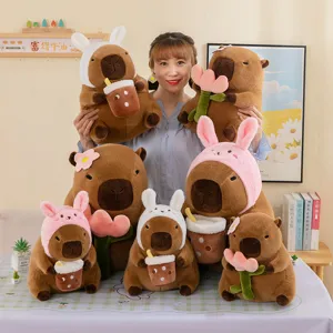 Peluche Capybara Mignonne Animal En Peluche Poupée Douce Avec Chapeau De Lapin Design Fleurs Oreiller Câlin Cadeau Décoration Maison Pour Enfants
