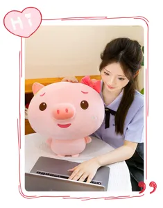 Cute pink pig plush toy detail view, soft stuffed animal doll with bow, perfect gift.
