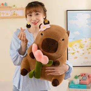 Cute Capybara Plush Toy Holding Flower Stuffed Animal Doll Soft Birthday Gift for Kids