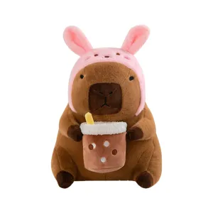 Cute capybara plush toy with pink bunny hat holding bubble tea stuffed doll birthday gift.