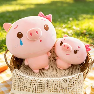 Cute pink pig plush toy set, soft stuffed animal doll with bow for girls, perfect gift.