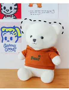 Cute white teddy bear plush toy wearing orange hoodie with embroidery gift for girls.
