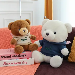 Cute plush teddy bear toy with hoodie, soft stuffed animal doll, perfect birthday gift for girls.