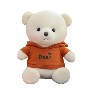 Cute white teddy bear plush toy with orange hoodie, soft stuffed animal doll gift for girls.