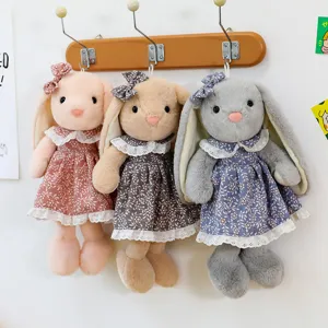 Cute floral dress long-eared bunny plush toy, soft stuffed animal doll for girls birthday.