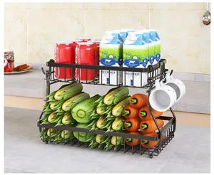 Double layer metal kitchen storage rack desktop fruit and vegetable organizer with hooks