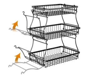 Metal wire storage basket detail showing folding bracket design, black finish, space saving rack.