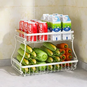 Double tier metal storage rack with wooden handle, perfect for kitchen and bathroom organization.